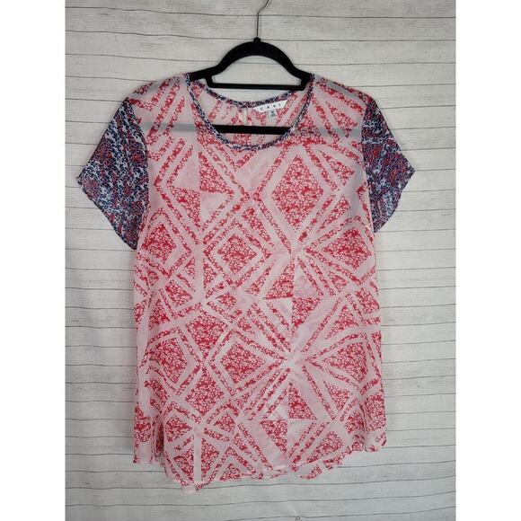 CAbi Sheer Floral Print Short Sleeve Blouse in Red/Blue, sz Medium - Picture 1 of 10
